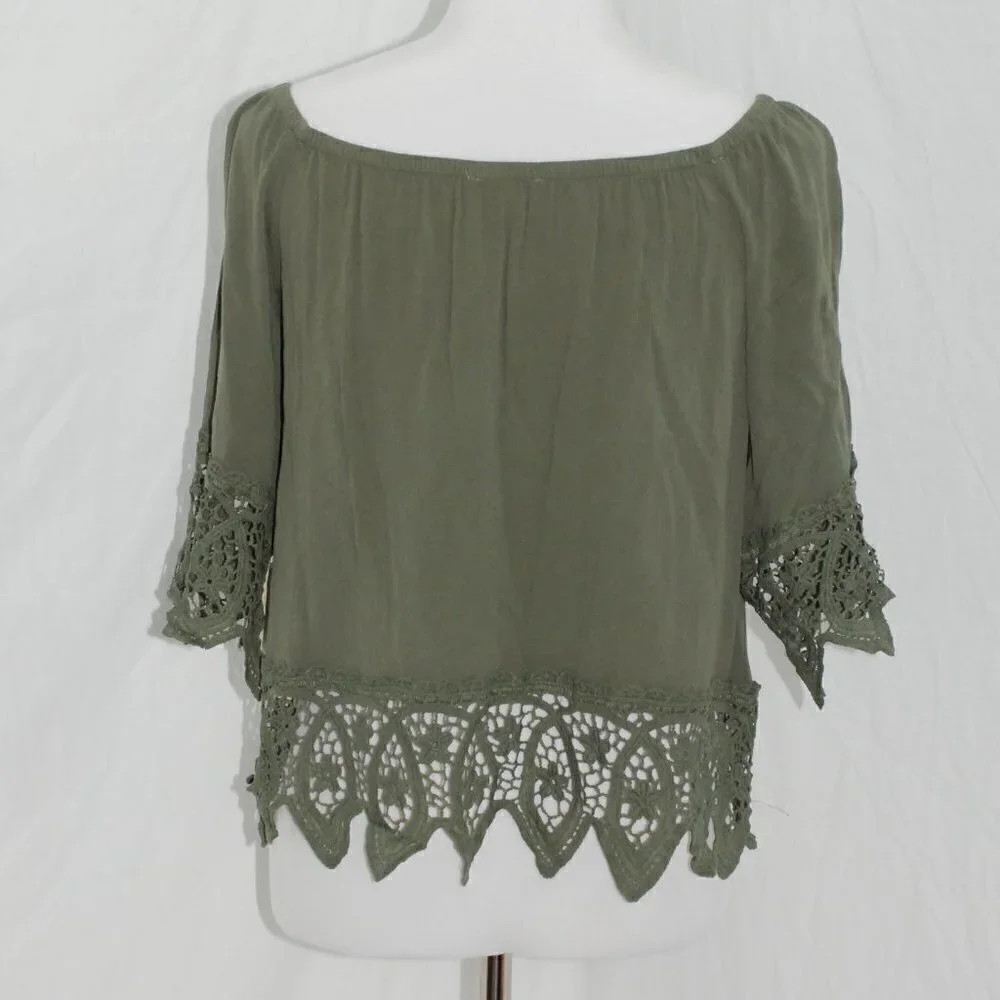 NWT Womens Medium la miel by Hyped Unicorn BOHO Forest Green Crochet Top Shirt